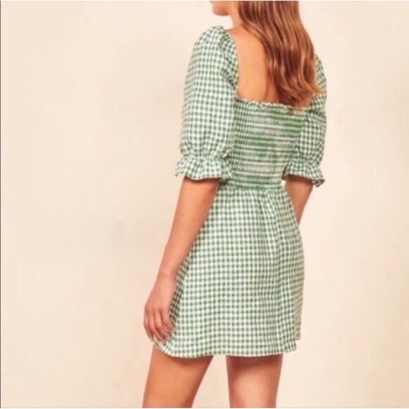 NWOT Reformation Cerise Size Small Smocked Puff Sleeve Linen Dress Green White - Picture 3 of 9